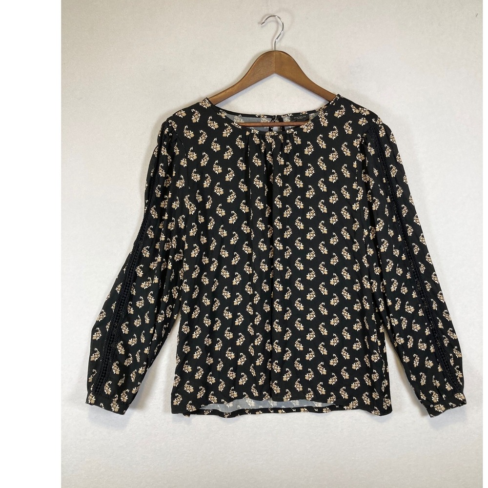 Romantic Floral Ann Taylor Factory Women XL Black Tan Crochet Lace‎ Blouse Top
